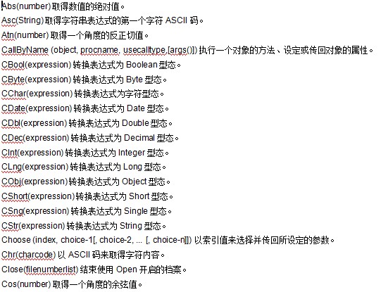 asp.net常用函数表 doc版0
