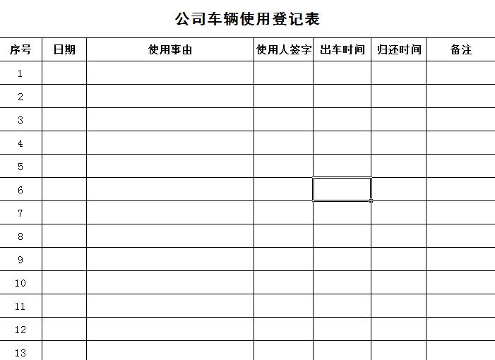 公司車輛使用登記表模板范本下載