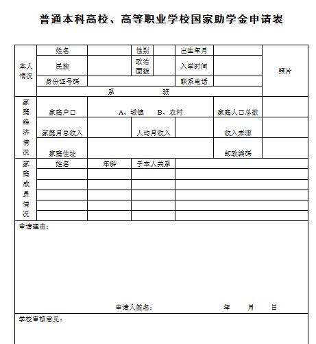 国家助学金申请表表格 最新版0