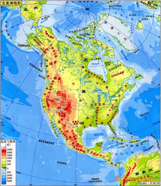 北美洲地形图全图高清版 免费版