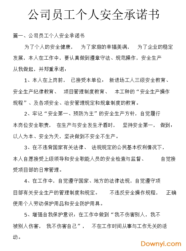 員工個人安全承諾書范文 截圖0