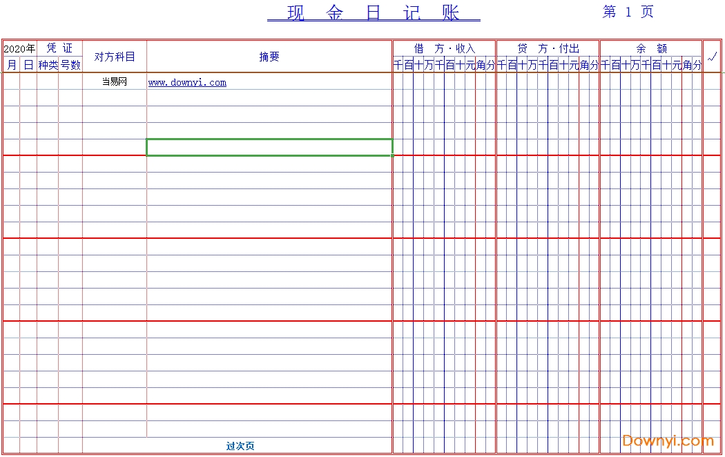 現(xiàn)金日記賬表格模板 excel版 0