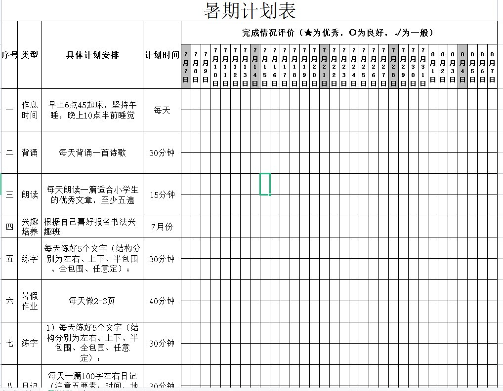 暑假计划表模板 免费版0